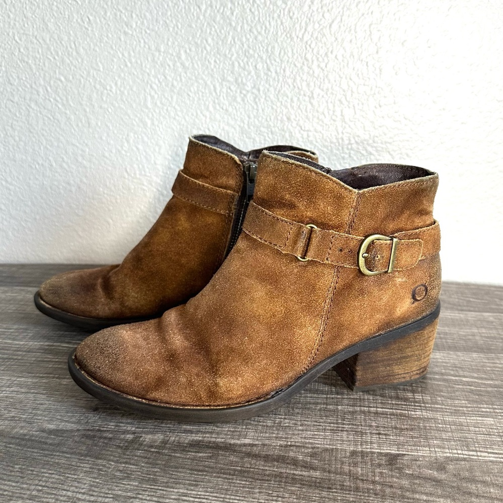 Born Brown Suede Leather Buckle Ankle Boot With Heel Women’s Size 7